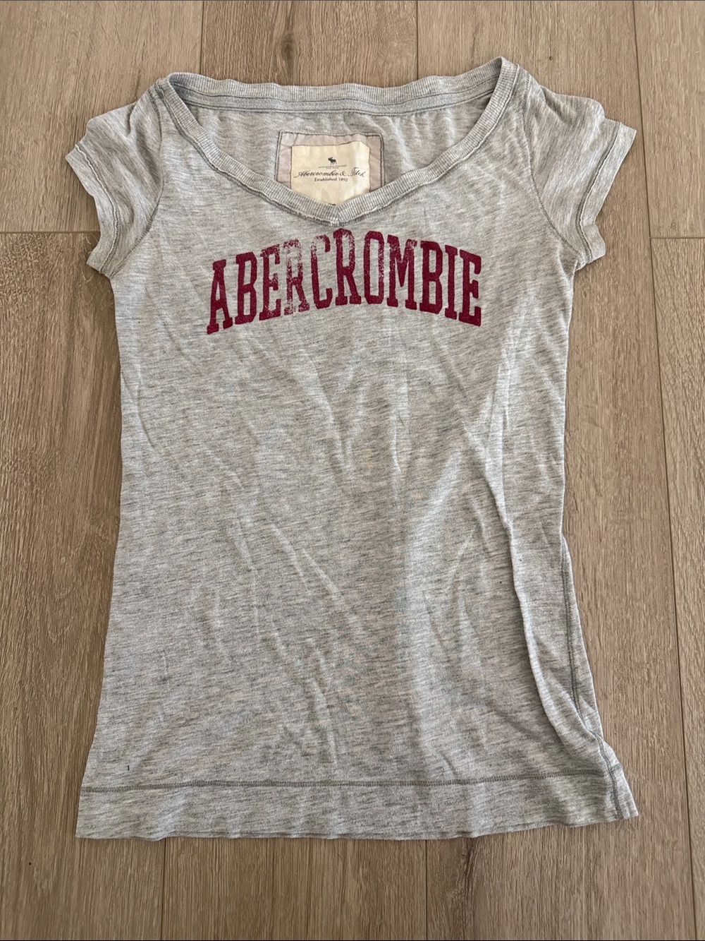 Abercrombie & Fitch Heather Gray Tee with Burgundy Logo